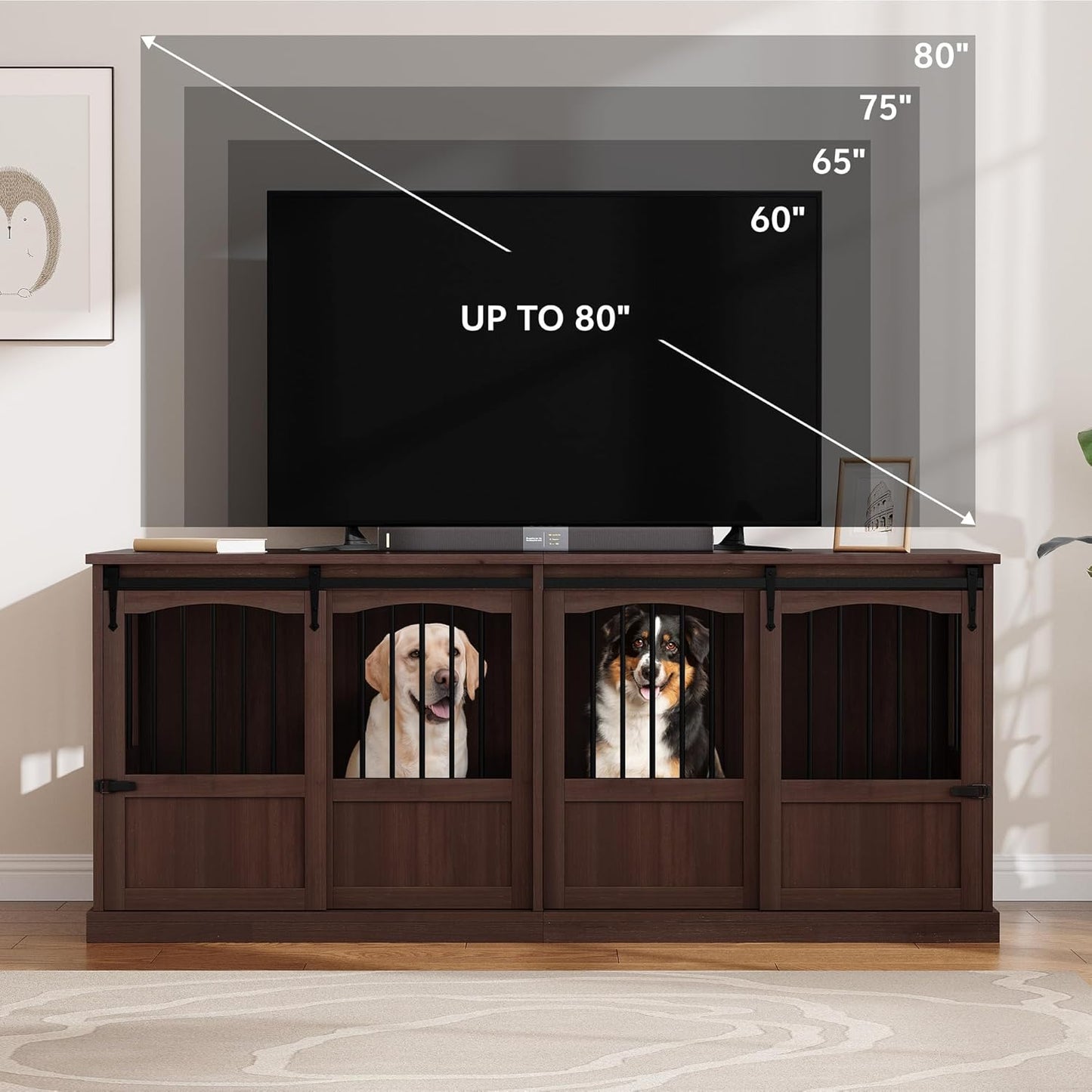 70.86" Double Dog Crate Furniture for 2 Medium Large Dogs Wooden Heavy Duty Dog Kennel Furniture with 2 Sliding Doors and Divider Decorative Dog Cage TV Stand End Table for Indoor Brown