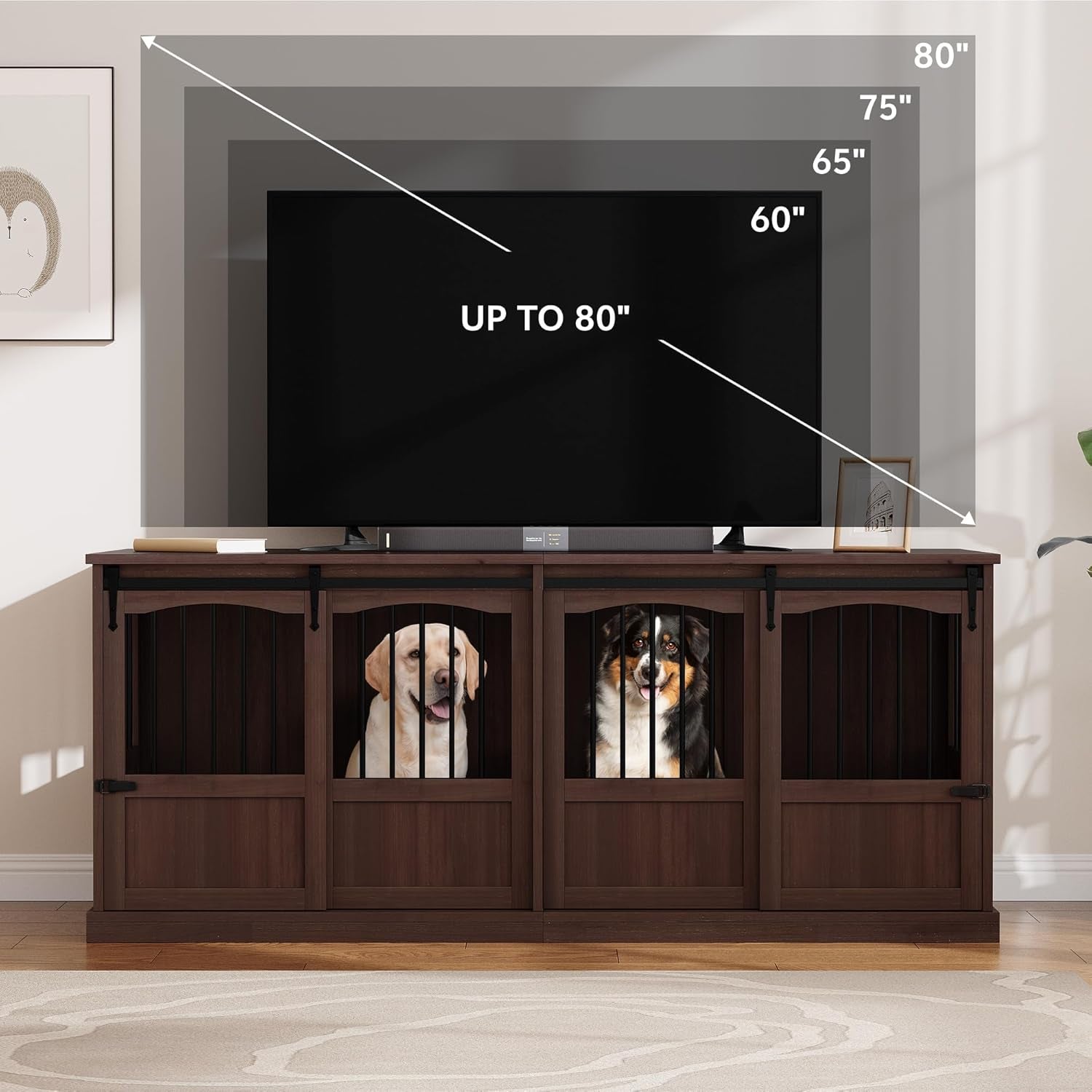 70.86" Double Dog Crate Furniture for 2 Medium Large Dogs Wooden Heavy Duty Dog Kennel Furniture with 2 Sliding Doors and Divider Decorative Dog Cage TV Stand End Table for Indoor Brown