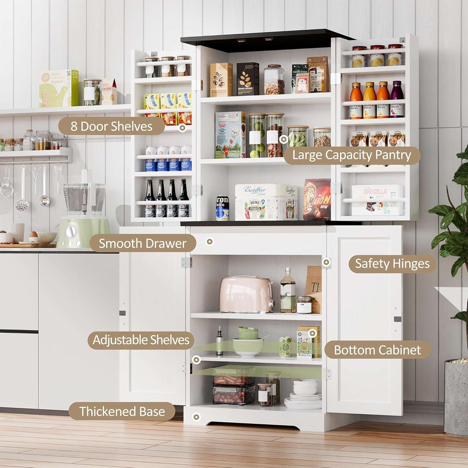 Kitchen Pantry Storage Cabinet with Barn Doors, Drawer and Adjustable Shelves, 6-Tier Tall Rustic Wood Cupboard Locker for Kitchen, Dining Room, Living Room, Bathroom, (White)