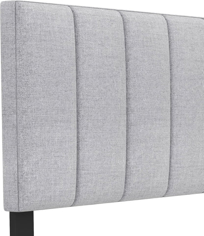 Linen Upholstered Headboard for Full & Queen Size Bed, Vertical Channel Tufted Rectangular Headboard with Solid Wood Legs & Adjustable Width, Padded Bed Backboard, Easy Assembly (Gray)