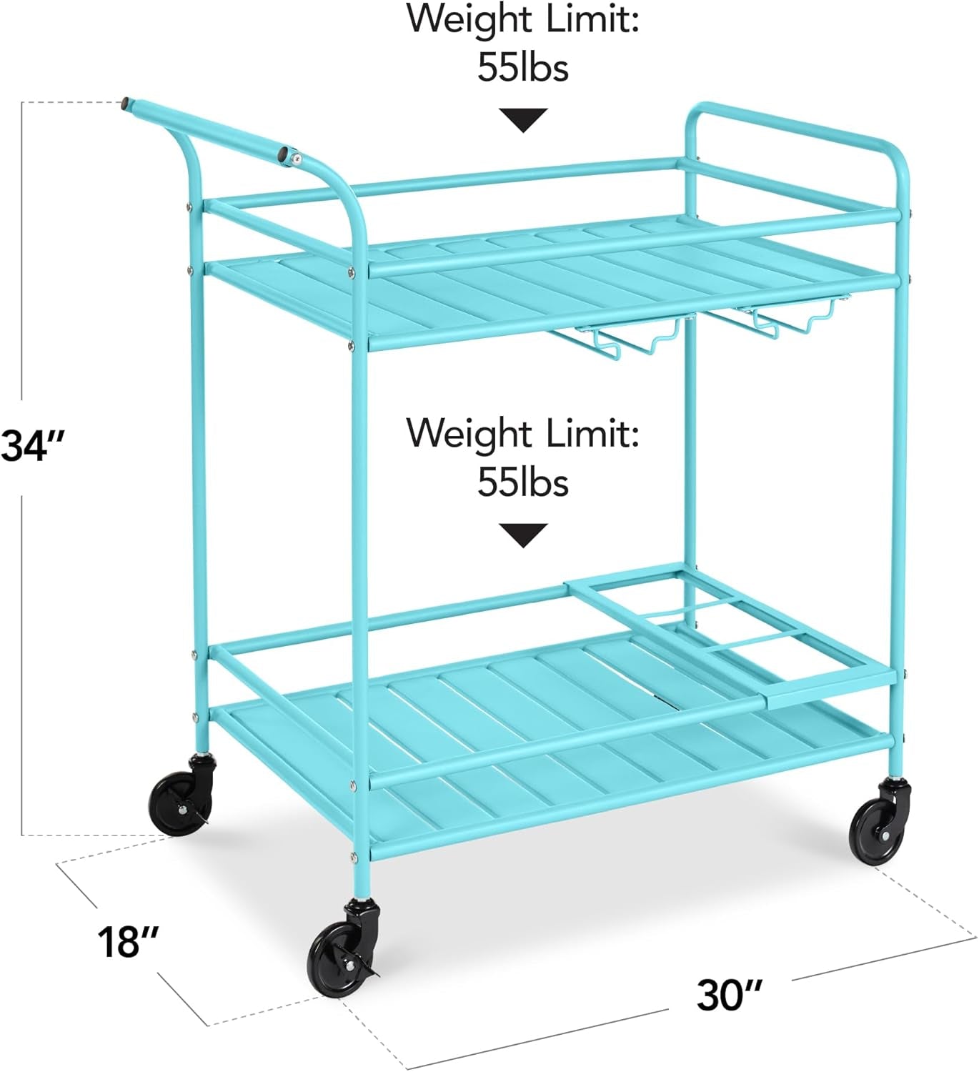 Rolling Bar Cart, Mobile Home Bar Serving Cart, Serving Station W/ 2 Tier Shelves, Wine Rack, Lockable Wheels - Teal