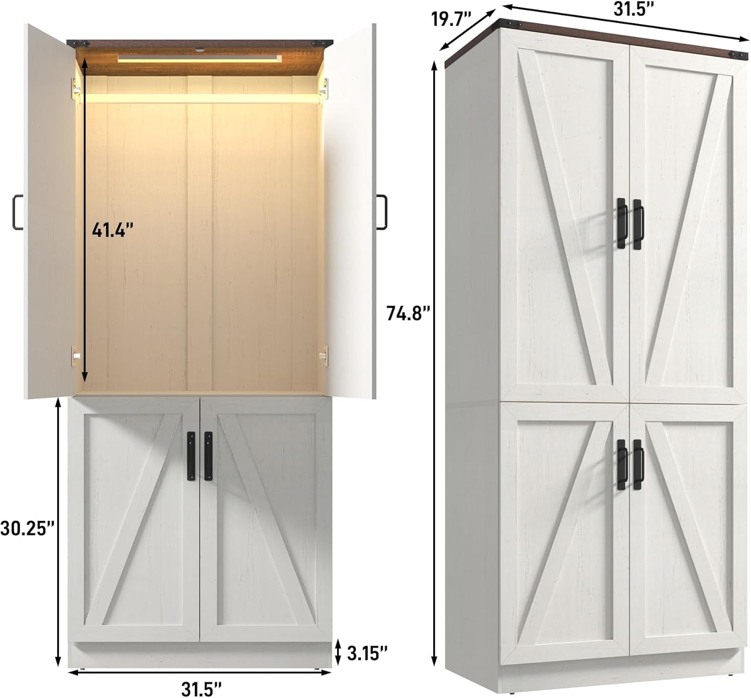 75" Tall Farmhouse 2 Doors Armoire Wardrobe Closet with Led,Freestanding Closet Wardrobe Cabinet for Bedroom with Hanging Rod,Wooden Armoire Storage Cabinet Adjustable(Rustic off White)