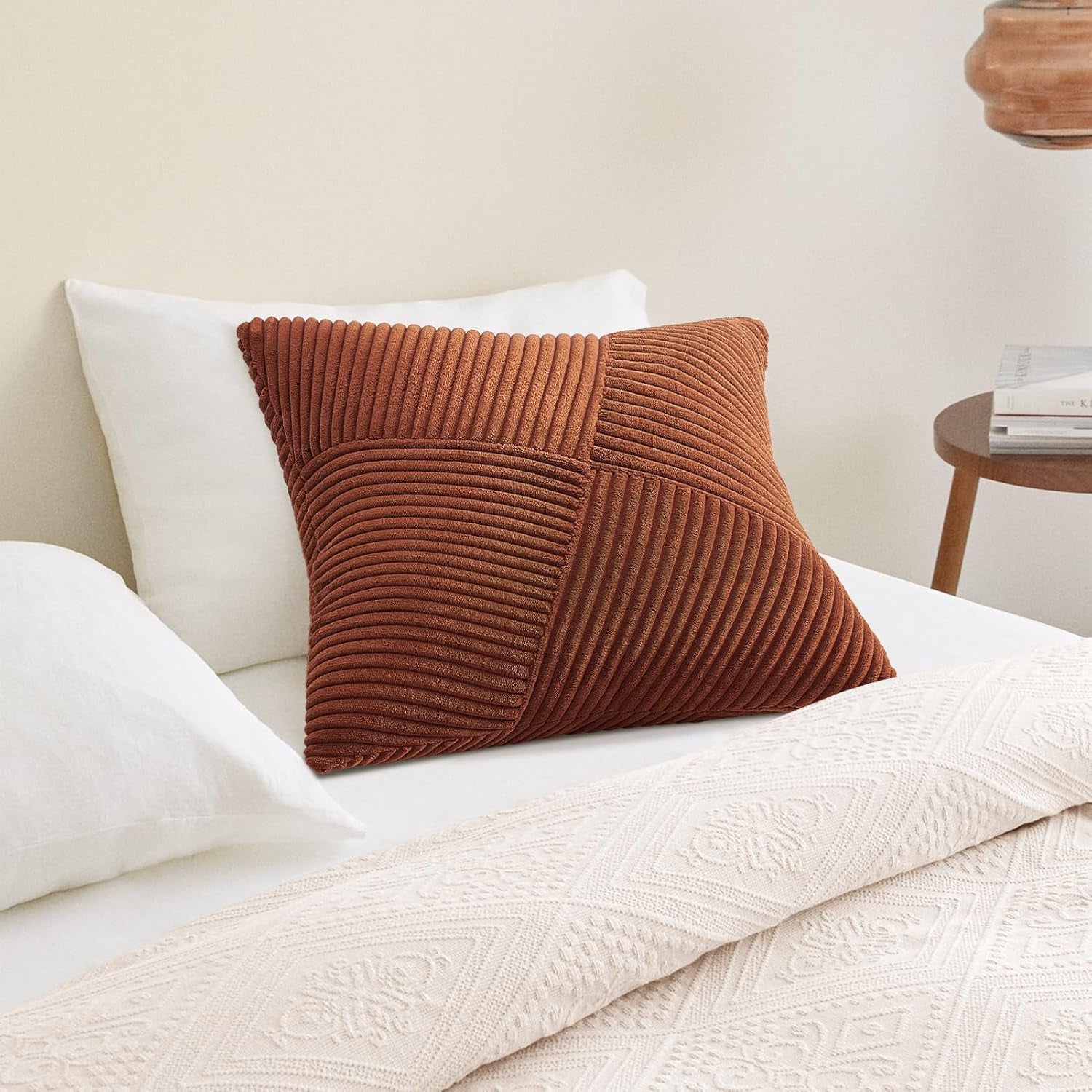 Set of 2 Decorative Terracotta Throw Pillow Covers 18X18 Inch for Couch Sofa Bed, Farmhouse Boho Rustic Home Decor,Soft Corduroy Windmill Textured Striped Patchwork Cushion Cases