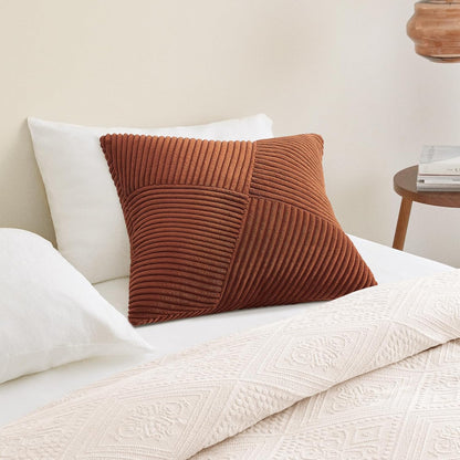 Set of 2 Decorative Terracotta Throw Pillow Covers 18X18 Inch for Couch Sofa Bed, Farmhouse Boho Rustic Home Decor,Soft Corduroy Windmill Textured Striped Patchwork Cushion Cases