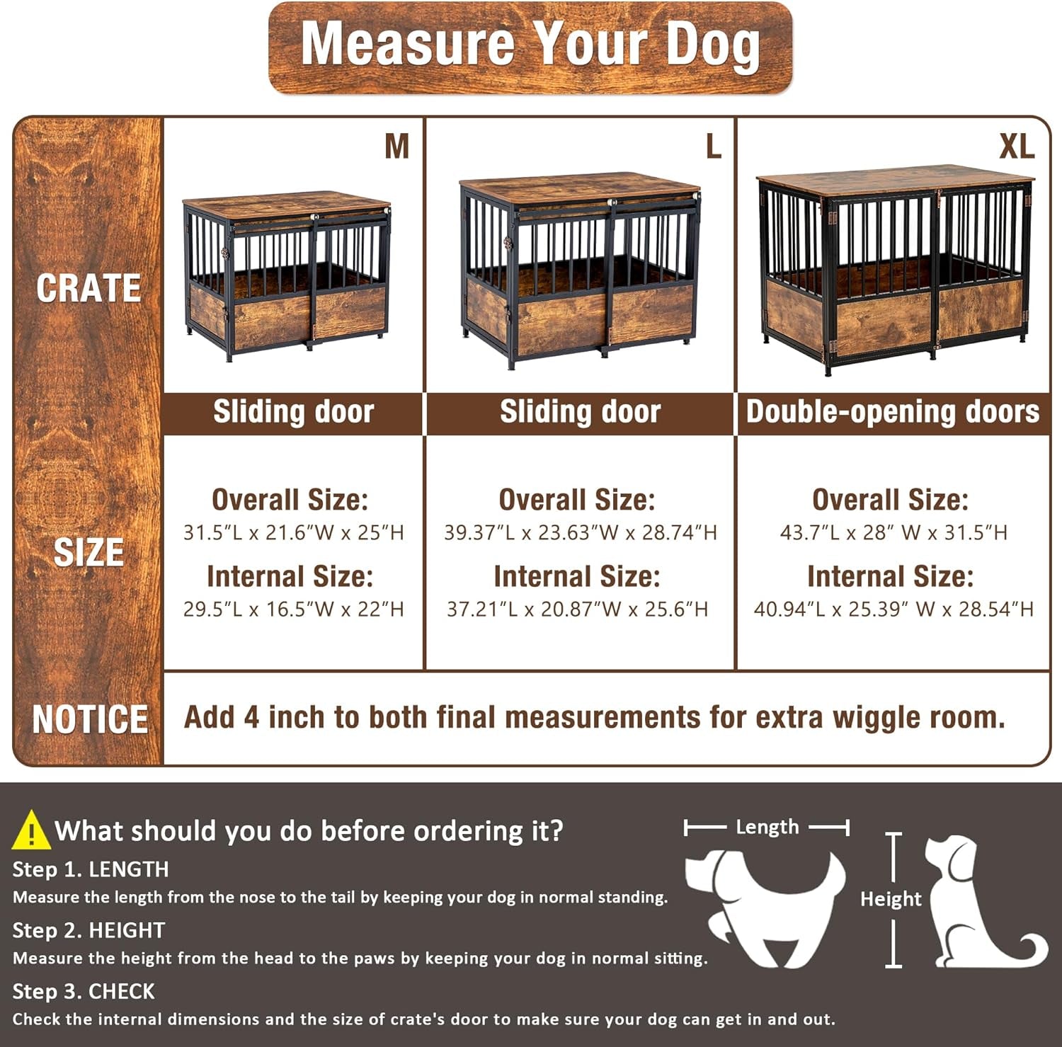 32 Inch Dog Crate Furniture with Cushion for Large Medium Dogs, Wooden Heavy Duty Dog Kennel with Double Doors, Decorative Pet House Dog Cage Side End Table Indoor, Sliding Door Chew-Resistant