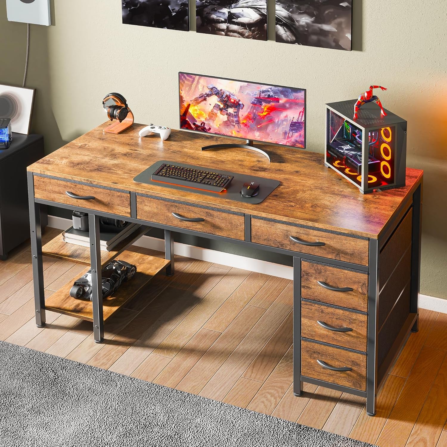 Computer Desk with 6 Drawers, Office Desk with Shelves, Reversible Gaming Desk, Corner Desk with Storage, Work for Home Office, Study, Living Room, 47Inch, Rustic Brown