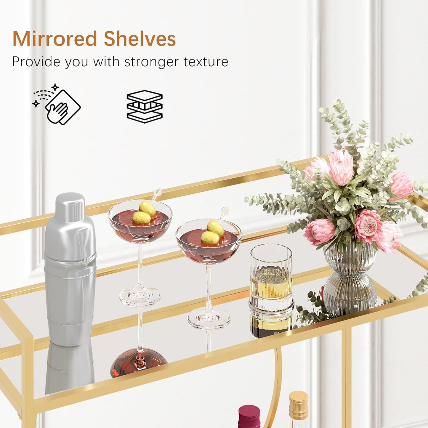 Gold Bar Cart, Modern Wine Cart with Wheels, Home Bar Serving Carts with 2 Tier Mirrored Shelves, Wine Bar Carts for the Home, Dining Room, Kitchen