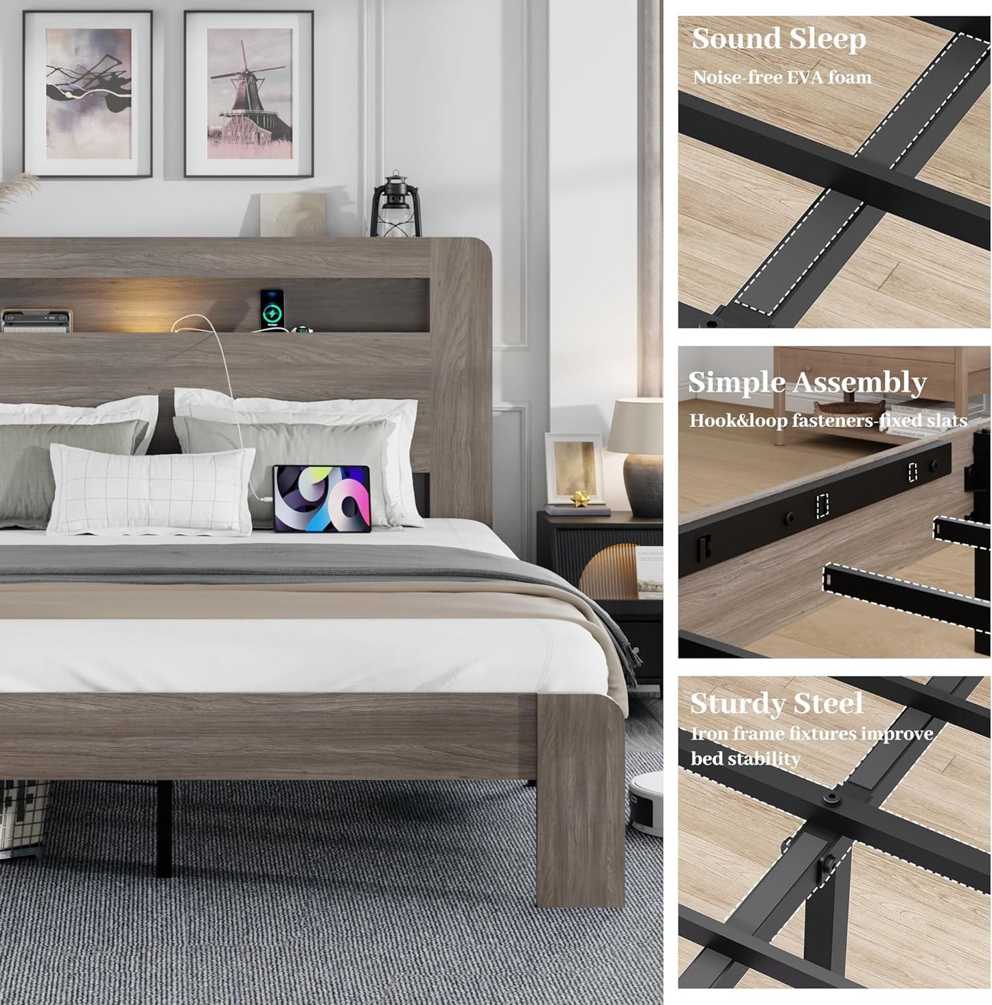 King Size Wooden Bed Frame with Bookcace Storage Headboard, Rustic Farmhouse Bedframe with LED Lights and Charging Station, Sturdy and Stable, Slat Support, No Box Spring Required (Light Brown, King)