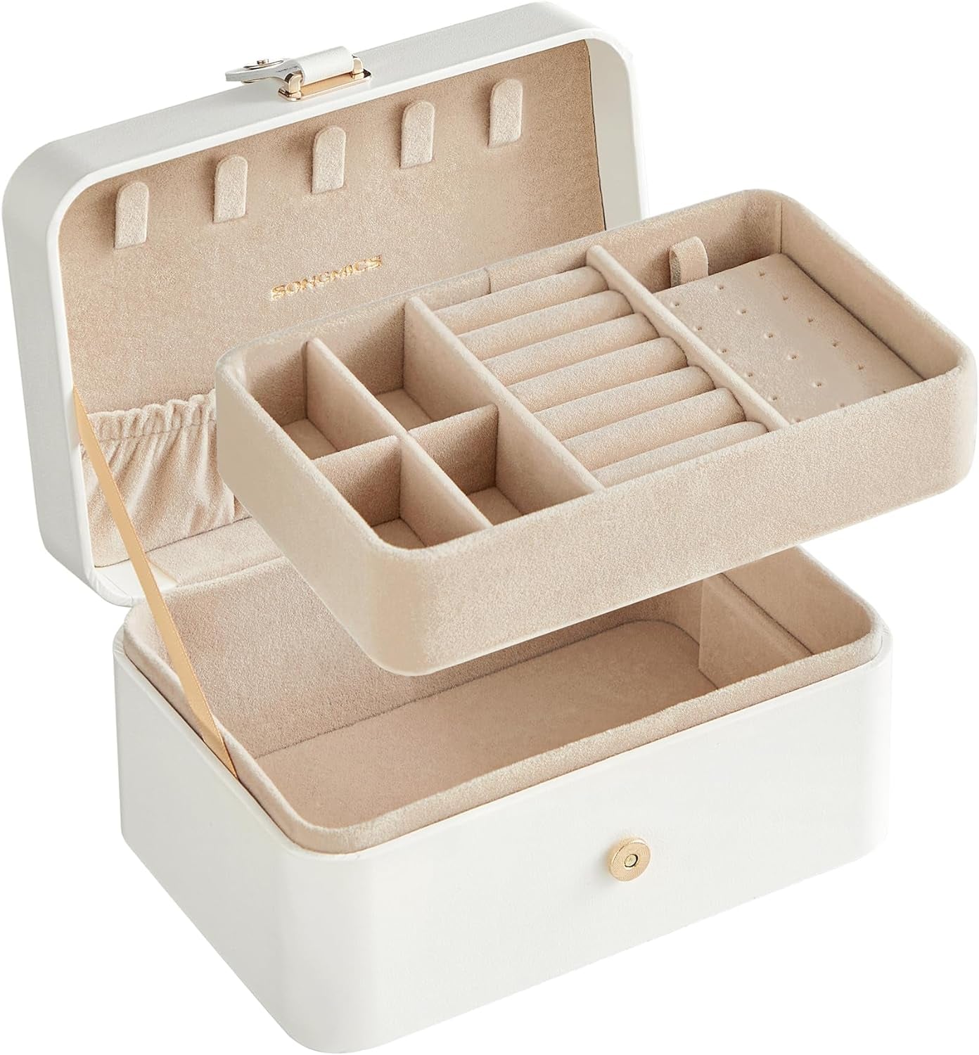 Jewelry Organizer Box, 2-Layer Travel Case for Earrings, Necklaces, Bracelets - Portable Jewelry Storage with Large Capacity, Gift-Ready Box for Women & Girls, Cloud White UJBC166W01