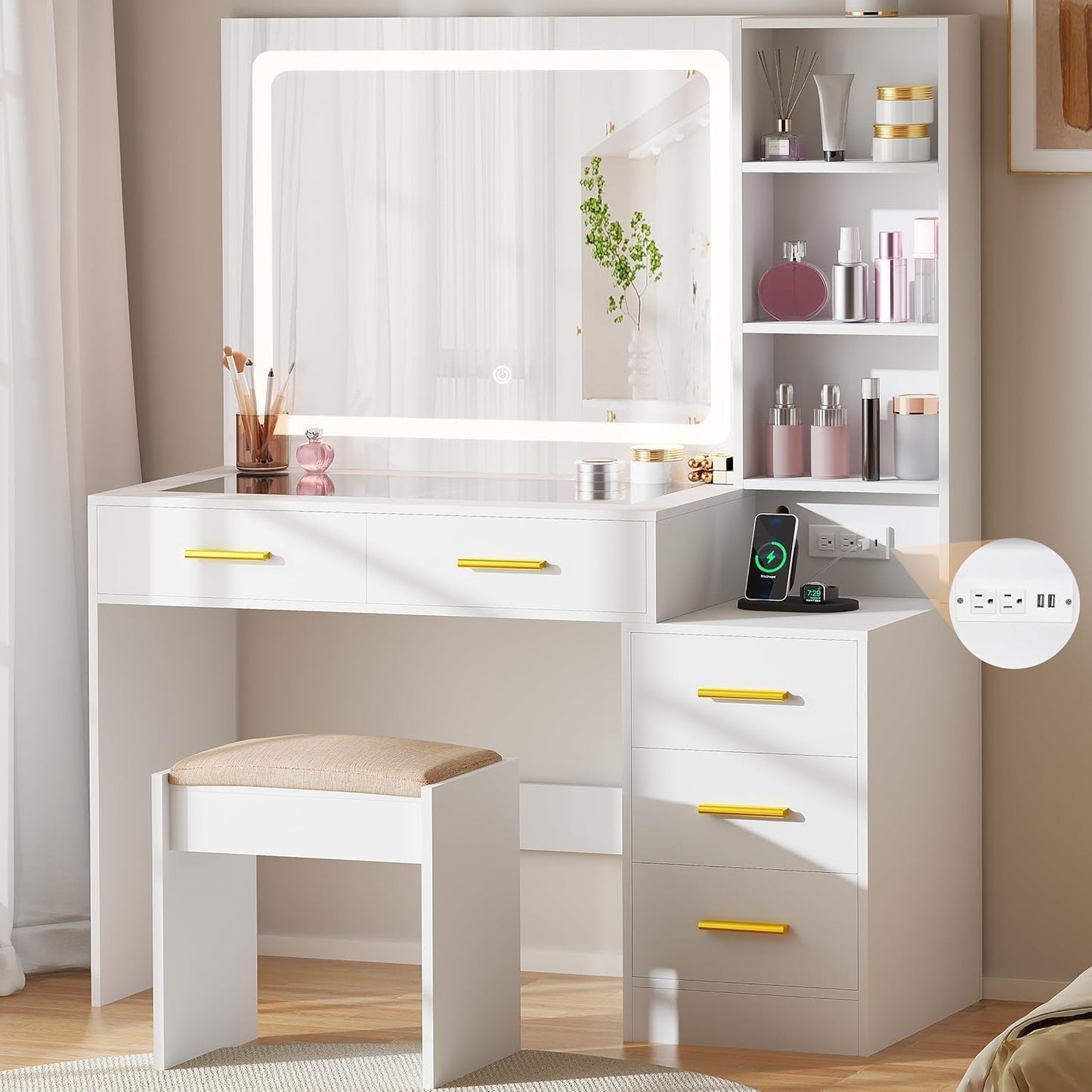 Makeup Vanity Desk with Mirror and Lights,White Vanity Table with Glass Top,Makeup Desk with Power Outlet,5 Drawers,3 Lighting Modes,Stool,Nightstand,Dressing Table for Bedroom Girls FST29W
