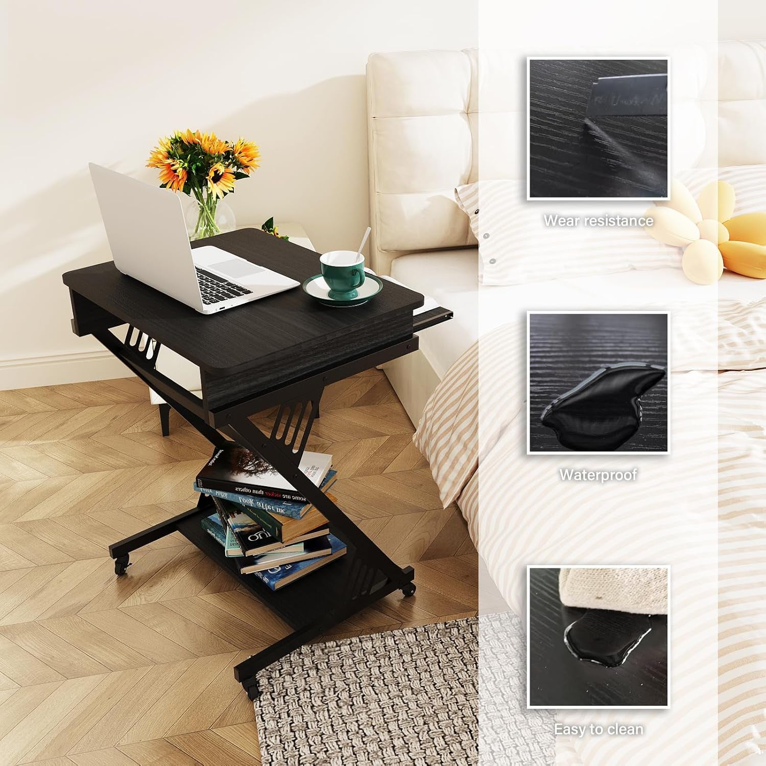 Computer Desk for Small Spaces,23.6" Z-Shaped Compact Study Table with Smooth Keyboard Tray,With Wheels and Bottom Shelves for Home Office，Computer Cart Mobile Laptop Cart