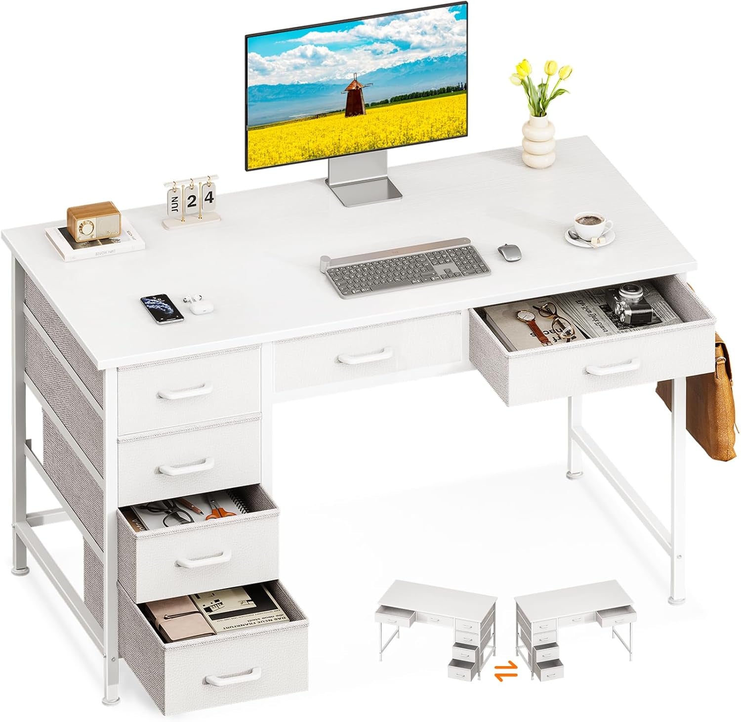 Computer Desk with 6 Drawers, 40 Inch Small Desk with Storage, Reversible Desk with Headphone Hook for Home Office, Work Study Table for Bedroom, White