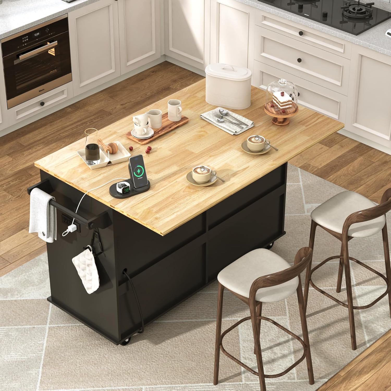 59" W Rolling Kitchen Island with Drop Leaf, Movable Kitchen Carts on Wheels Island with Storage Cabinet&Charging Station, Island Table for Kitchen W/Rubber Wood Top, Rack, Hook, Drawers, Black