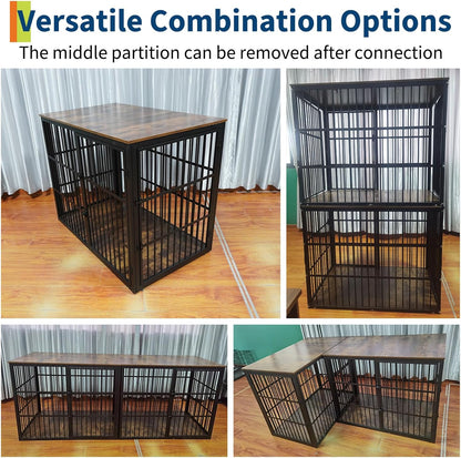 48'' Dog Crate Furniture with 3 Lockable Doors, 3-In-1 Dog Kennel with Heavy Duty Metal Frame & Wooden Panels, XXL Crate End Table for Medium to Large Breeds, Brown & Black