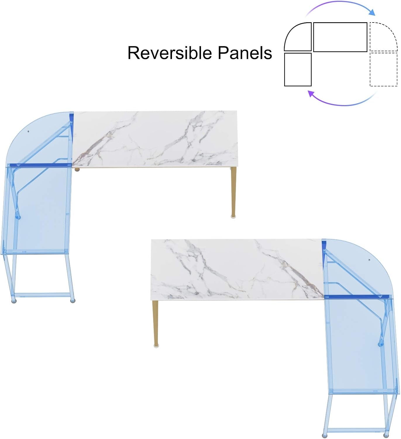 Reversible L Shaped Desk White - 66.1" Corner Gaming Computer Desk, Office Workstation Modern Home Study Writing Table, Marble Gold