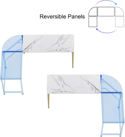 Reversible L Shaped Desk White - 66.1" Corner Gaming Computer Desk, Office Workstation Modern Home Study Writing Table, Marble Gold