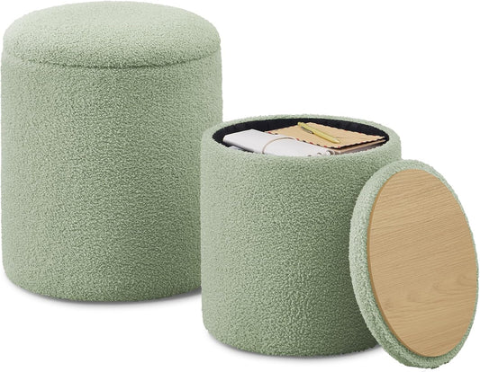 Vanity Stool, Set of 2, round Storage Ottoman, Small Ottoman Coffee Table, Foot Stool, Removable Lid, for Living Room, Bedroom, Hallway, Easy Assembly, Teddy Fleece, Laurel Green ULOM013CZ01