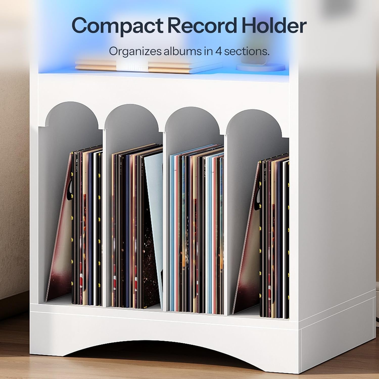 Farmhouse Record Stand with Charging Station and LED Lights, Compact Vinyl Storage Cabinet Holds up to 230 Albums, Turntable Holder for Living Room, Bedroom, Black and White WB40UDRS01