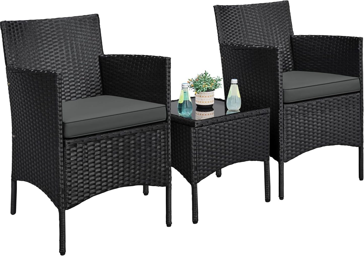 3 Pieces Patio Porch Furniture Set, Outdoor PE Rattan Wicker Conversation Set with Soft Cushions, Glass Coffee Table & 2 Chairs for Garden/Deck/Courtyard/Poolside, Black/Gray