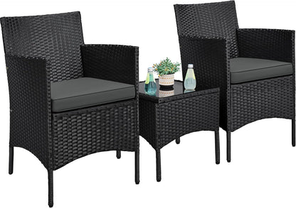 3 Pieces Patio Porch Furniture Set, Outdoor PE Rattan Wicker Conversation Set with Soft Cushions, Glass Coffee Table & 2 Chairs for Garden/Deck/Courtyard/Poolside, Black/Gray