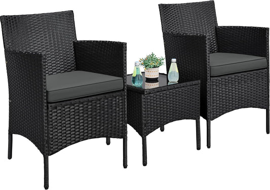 3 Pieces Patio Porch Furniture Set, Outdoor PE Rattan Wicker Conversation Set with Soft Cushions, Glass Coffee Table & 2 Chairs for Garden/Deck/Courtyard/Poolside, Black/Gray
