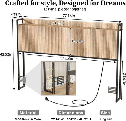 King Size Headboard Only with Outlets, Wall Mount Wood Fluted Headboard with Storage, Height Adjustable, Storage Rack, Sturdy and Stable, Easy Assembly(Oak, King)