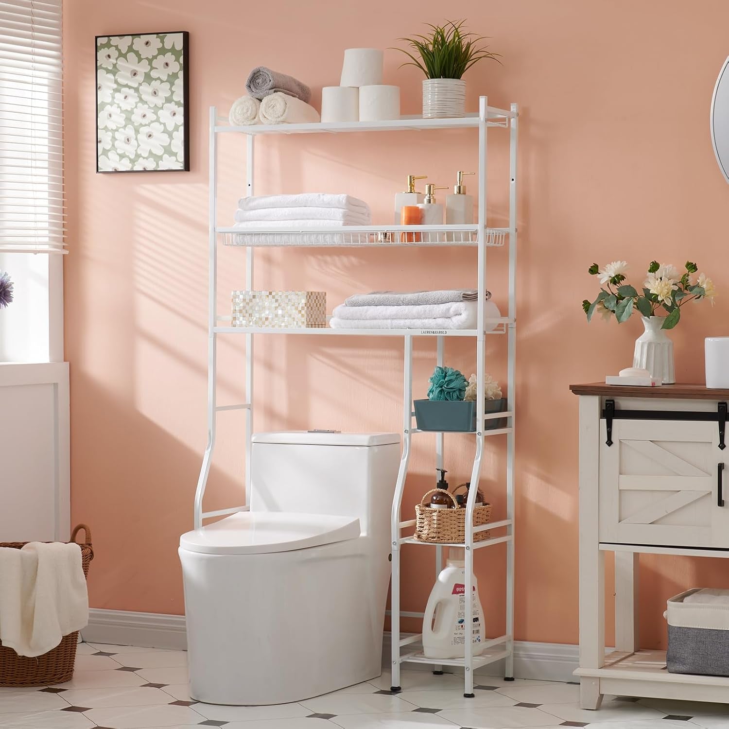 6-Tier over the Toilet Storage with Side Rack, 32.8" W X 12.2" D X 61" H over Toilet Bathroom Organizer, Freestanding above over Toilet Storage Shelf for Restroom, Laundry, White