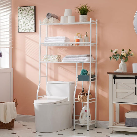 6-Tier over the Toilet Storage with Side Rack, 32.8" W X 12.2" D X 61" H over Toilet Bathroom Organizer, Freestanding above over Toilet Storage Shelf for Restroom, Laundry, White
