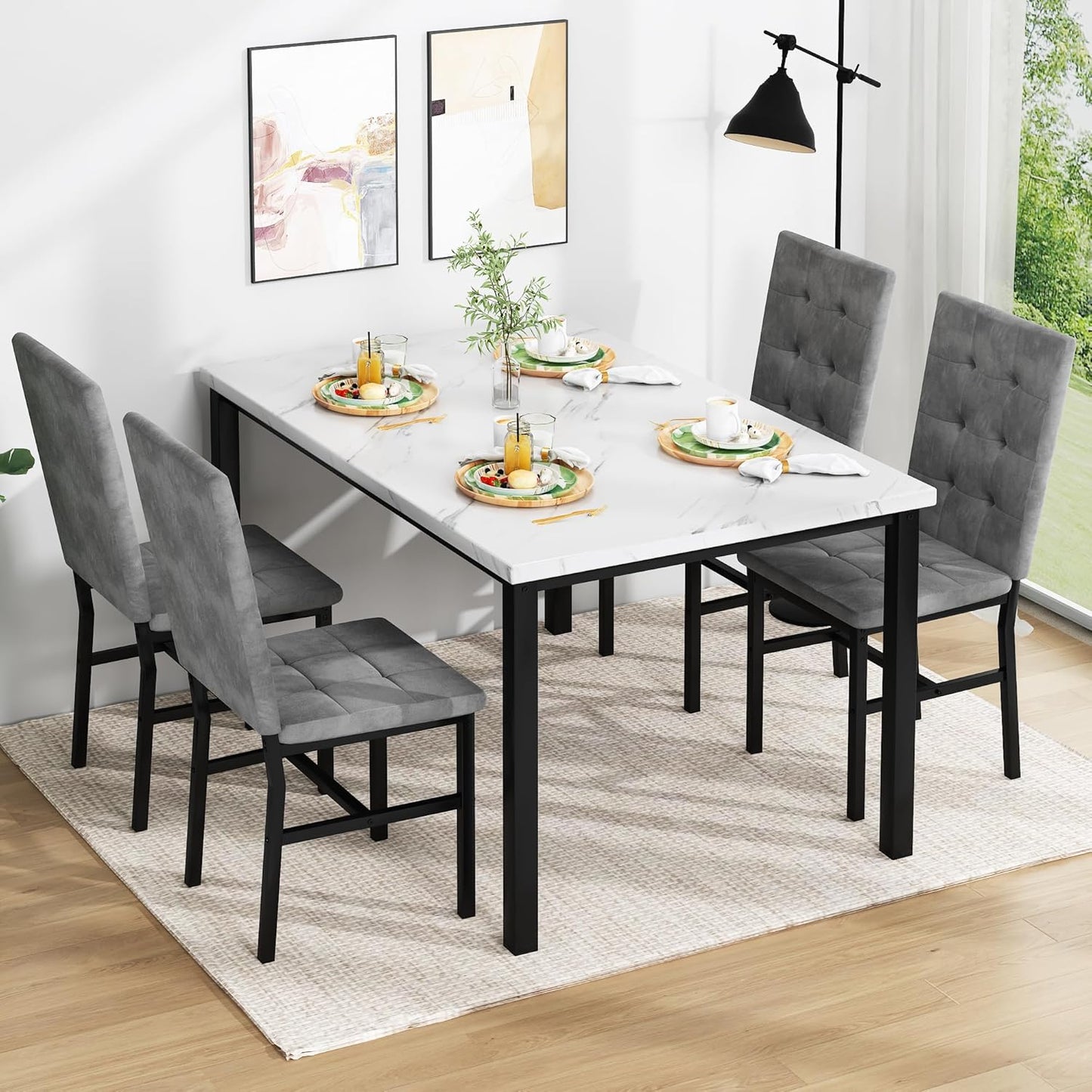 Dining Table Set for 4,Faux Marble Kitchen Table and Chairs Set of 4, Modern Dining Room Set for 4,Dinner Table Set with Velvet Chairs, Dining Set for Small Spaces,White & Grey