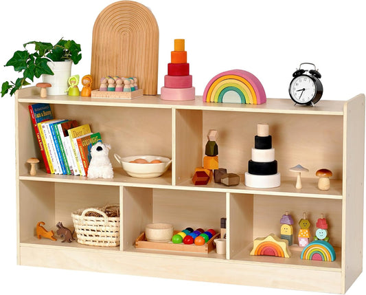 Wooden Toy Shelf for Kids, Montessori Book & Toy Organizer with Open Shelving, 5-Section Customizable Layout for Kids’ Room, Playroom & Classroom