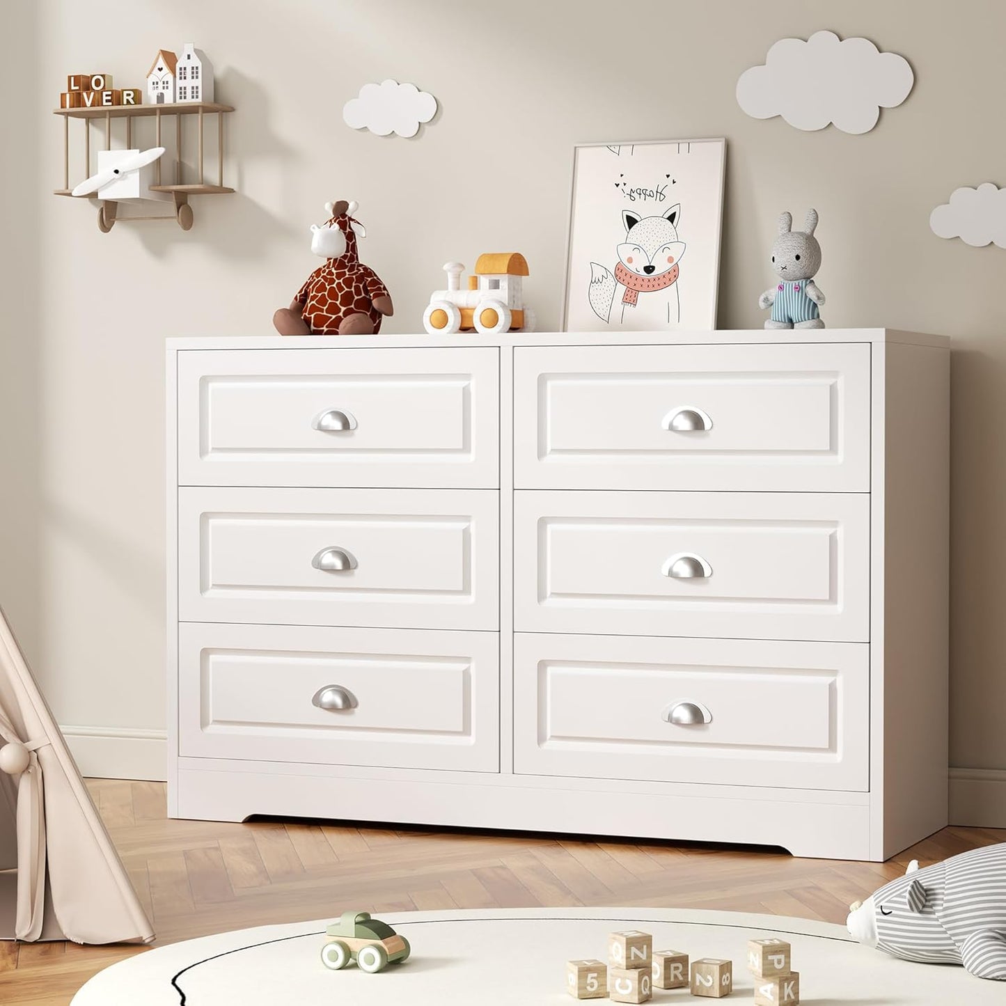 Dresser for Bedroom with 6 Drawers,Double Dresser & Chest of Drawers Wooden Organizer with Metal Handle, Storage TV Stand for Living Room,White