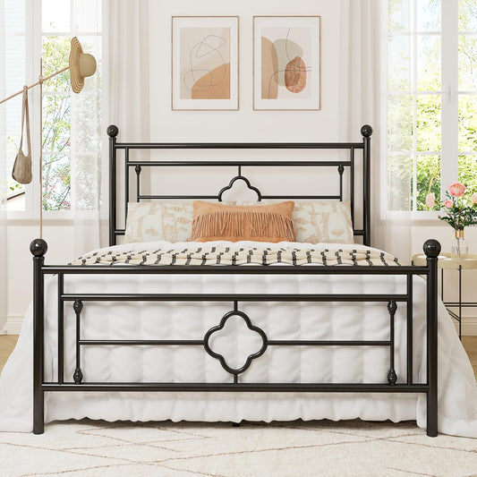 Queen Size Metal Platform Bed Frame with Victorian Vintage Headboard and Footboard/Mattress Foundation/Under Bed Storage/No Box Spring Needed/Noise-Free/Easy Assembly, Black