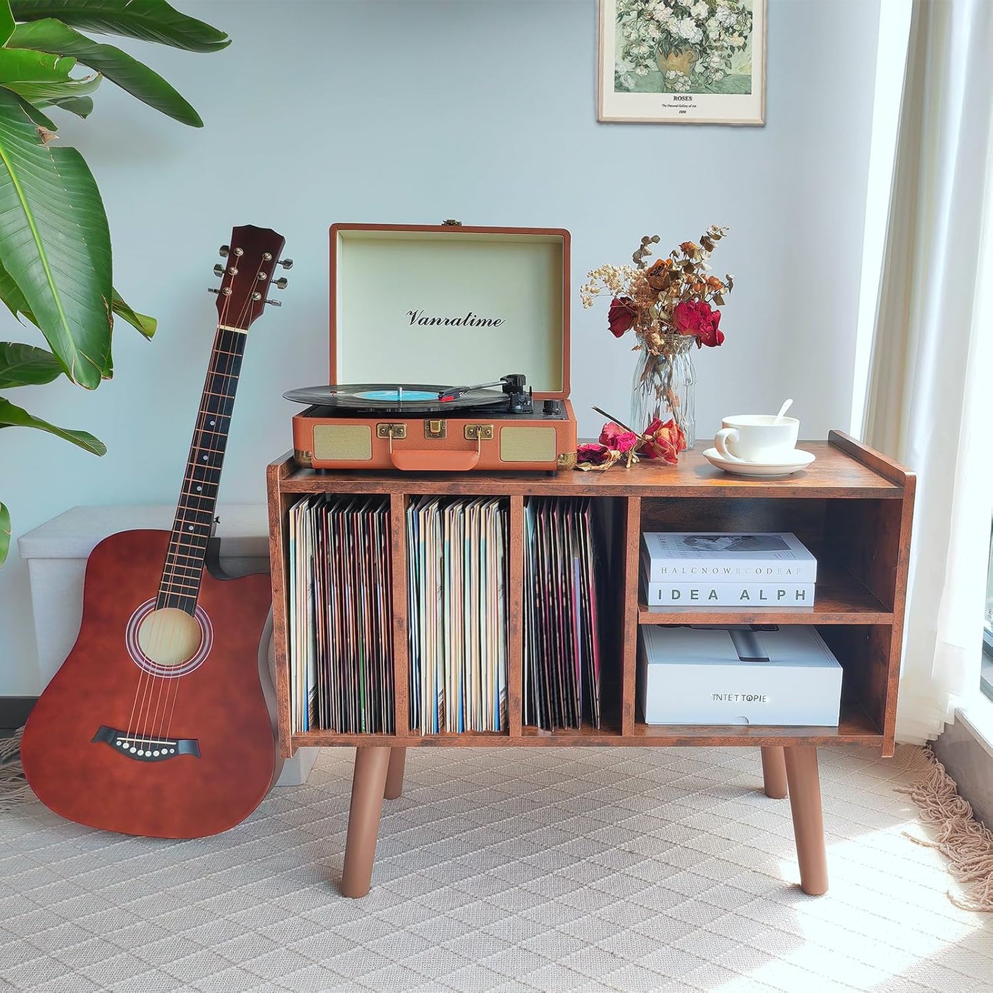 Record Player Stand with Vinyl Storage Holds up to 300Lb, Large Record Player Table Cabinet for Album Storage with Holder Vinyl Display Shelf, Wood Turntable Stand for Bedroom Living Room (Brown)