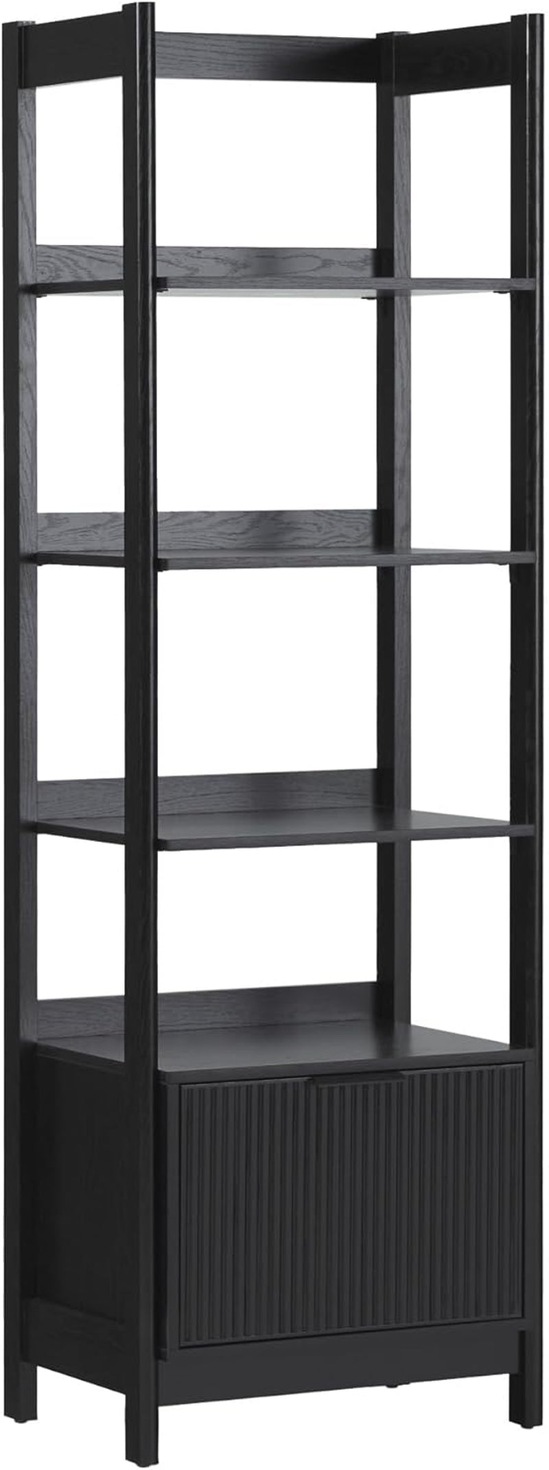 Transitional Reeded Narrow Open Bookshelf with Drawer Home Office Living Room, Bedroom, 4-Shelf Bookcase with Bottom Storage, 22 Inch, Black