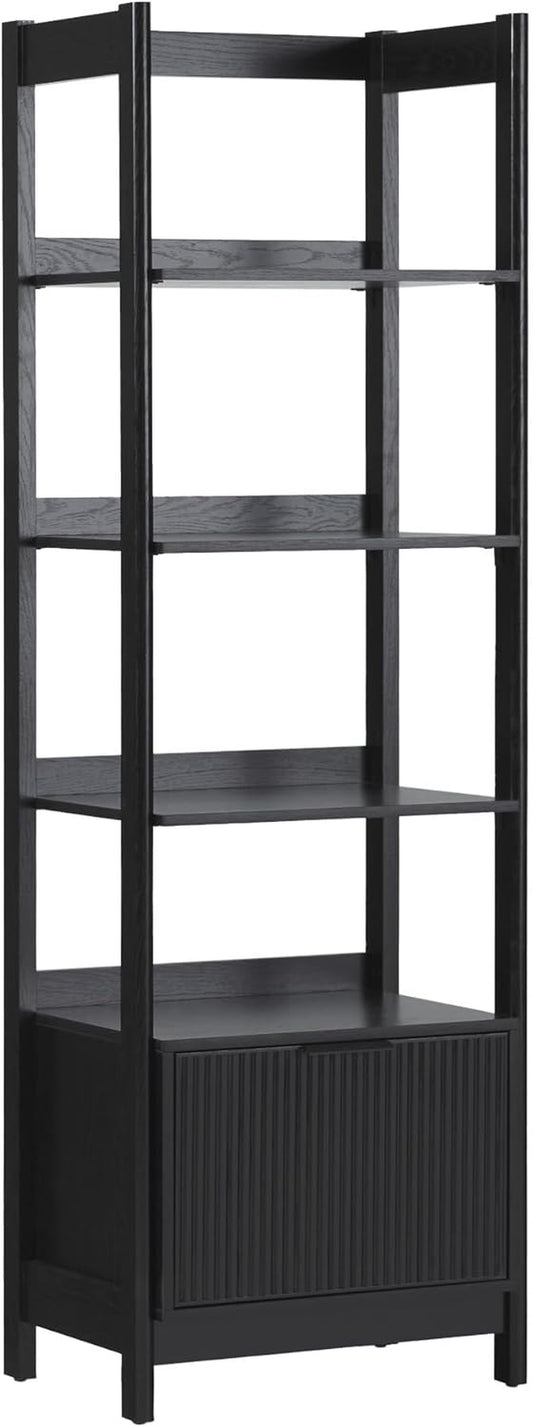 Transitional Reeded Narrow Open Bookshelf with Drawer Home Office Living Room, Bedroom, 4-Shelf Bookcase with Bottom Storage, 22 Inch, Black