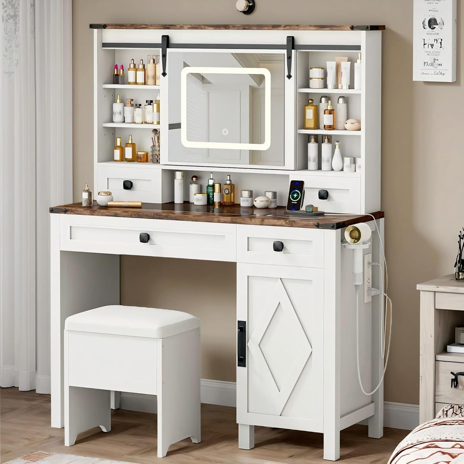 Farmhouse Vanity Desk with Sliding Mirror & Lights, Glass Top Makeup Vanity Table with Power Outlet, 3 Color Lighting Modes, 4 Drawers & Storage Cabinet, Includes Cushioned Stool for Bedroom