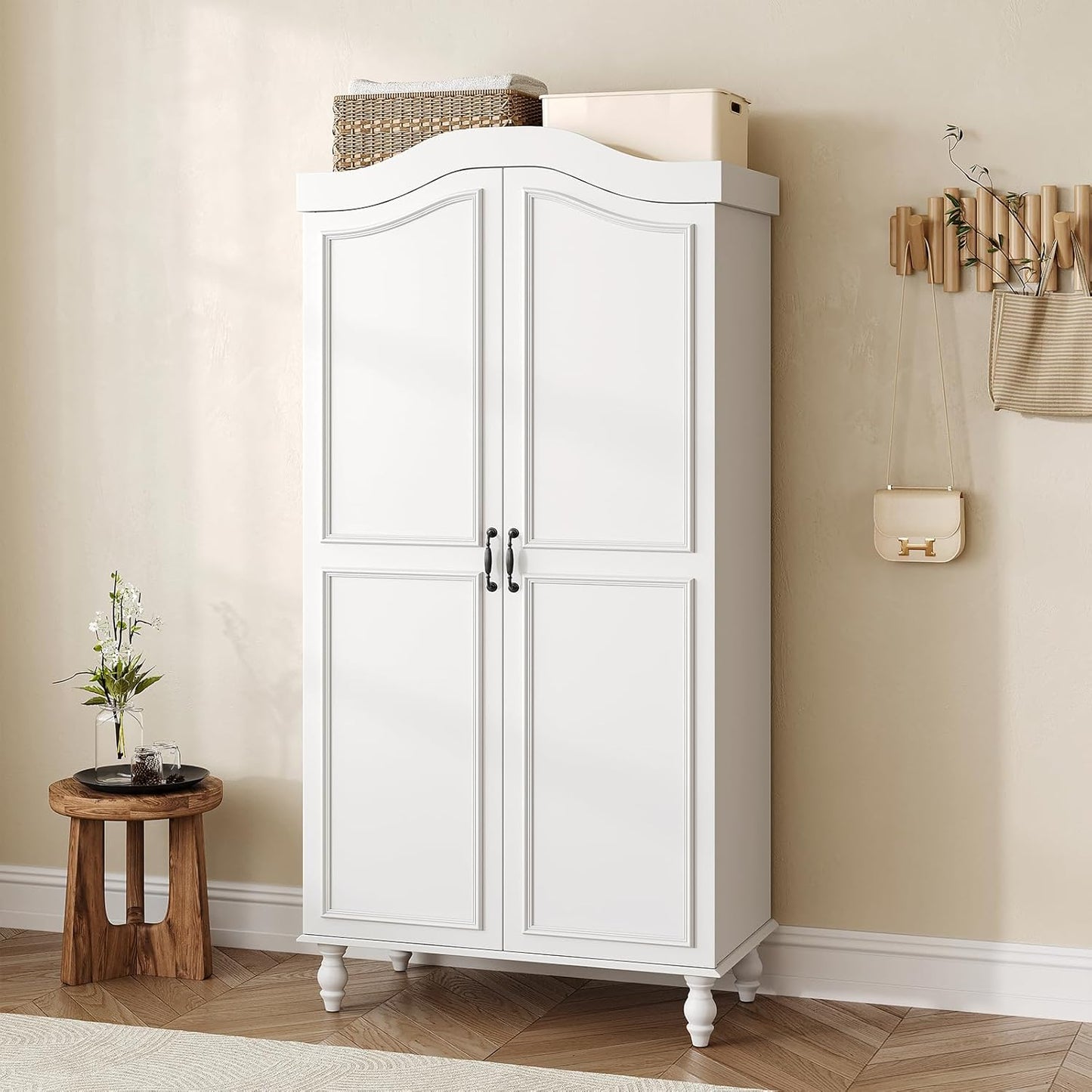 Arched Armoire Wardrobe Closet with 2 Doors, 71" H Wooden Wardrobe Cabinet with Hanging Rod and Shelves, Freestanding Armoire Storage Cabinet for Bedroom, Cloak Room, White