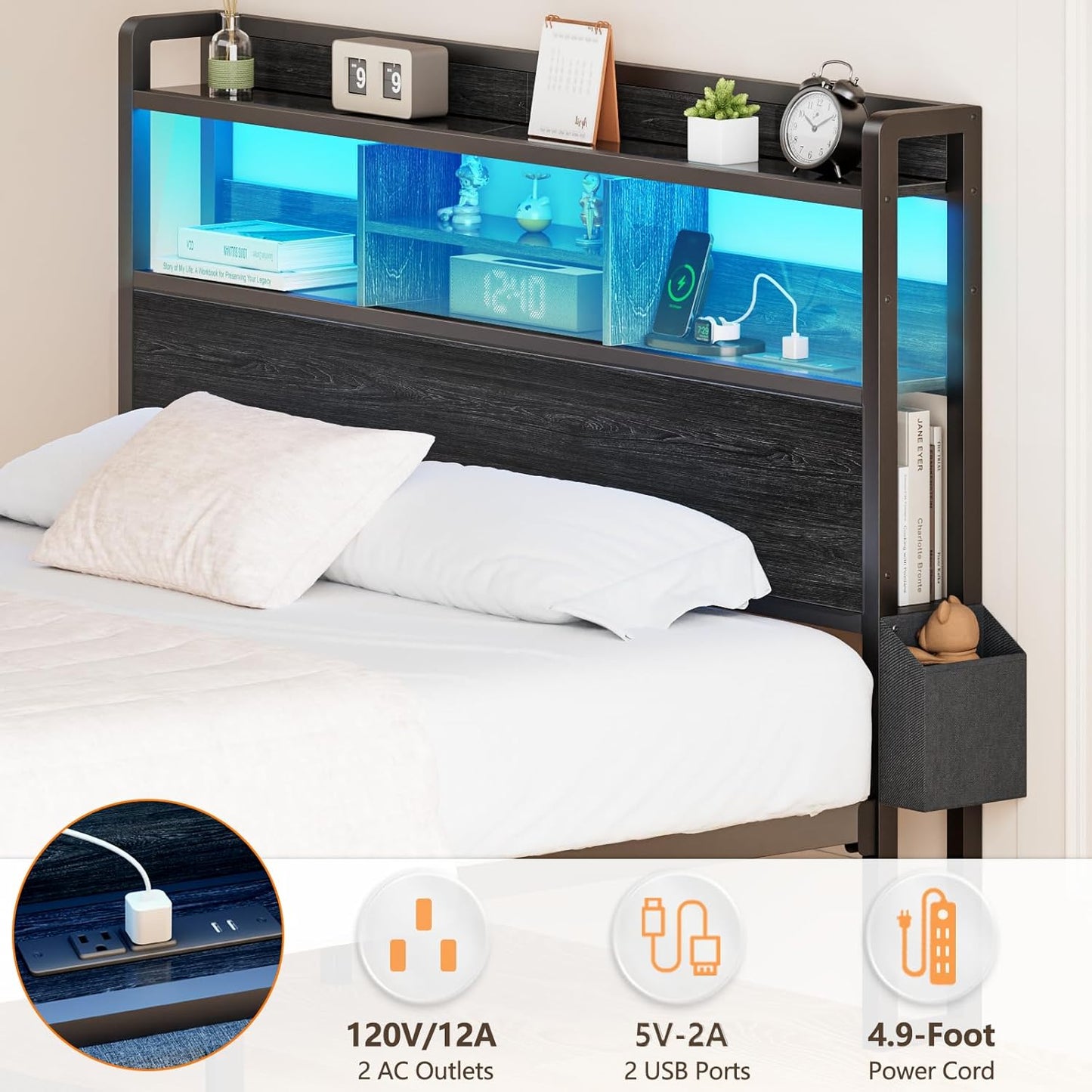 Full Size Bed Frame with Wood Headboard, Metal Platform Bed Frame Full Size with 2 Storage Drawers and Shelf, LED Lights and Charging Station, No Box Spring Needed, Noise Free, Black