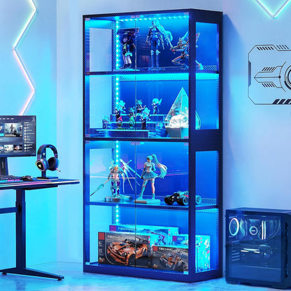 Display Cabinet with RGB Lights, 4-Tier Display Case with Glass Doors and Storage Shelves, Glass Cabinet Shelf for Collectibles and Gamers, Black Curio Cabinet for Game Room