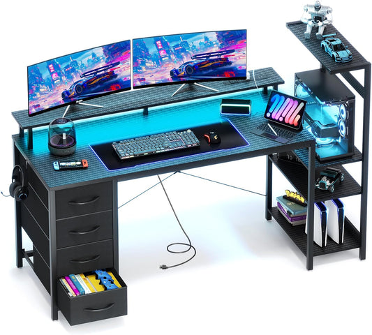 59 Inch Gaming Desk with LED Lights and Power Outlets, Computer Desk with Storage Shelves, Fabric Drawers, Monitor Stand & Side Hook, Reversible Gamer Table for Home Office, Carbon Fiber Black