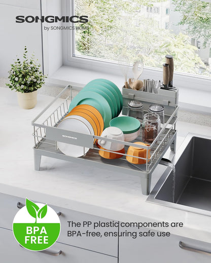 Dish Drying Rack, Kitchen Dish Rack, with Drainboard, 360° Rotatable and Extendable Spout, with Cutlery Holder, 12.2 X 16.5 X 7.3 Inches, Dove Gray UKCS550G01