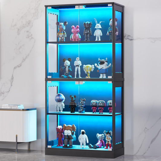 Display Cabinet with Glass Doors, 63” 4-Tier Wood Display Case with RGB Lights for Collectibles, Tall Curio Cabinet Anti-Tipping with Adjustable Shelves, Storage Cabinets for Living Room, Study