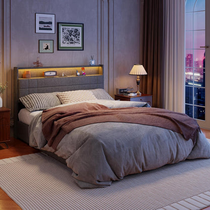 Queen Bed Frame with 4 Drawers and Storage Headboard, Grey Upholstered Platform Bed Frame Queen Size with Charging Station and LED Lights, Metal Slats Support, No Box Spring Needed