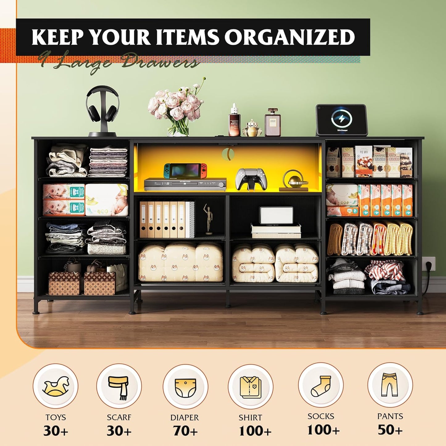 12 Drawer Dresser for Bedroom, Black Dresser TV Stand for 65, 70, 75 Inch TV with Led Light & Charging Station, Wide Chest of Drawers with Open Shelves, Fabric Dressers for Closet, Living Room