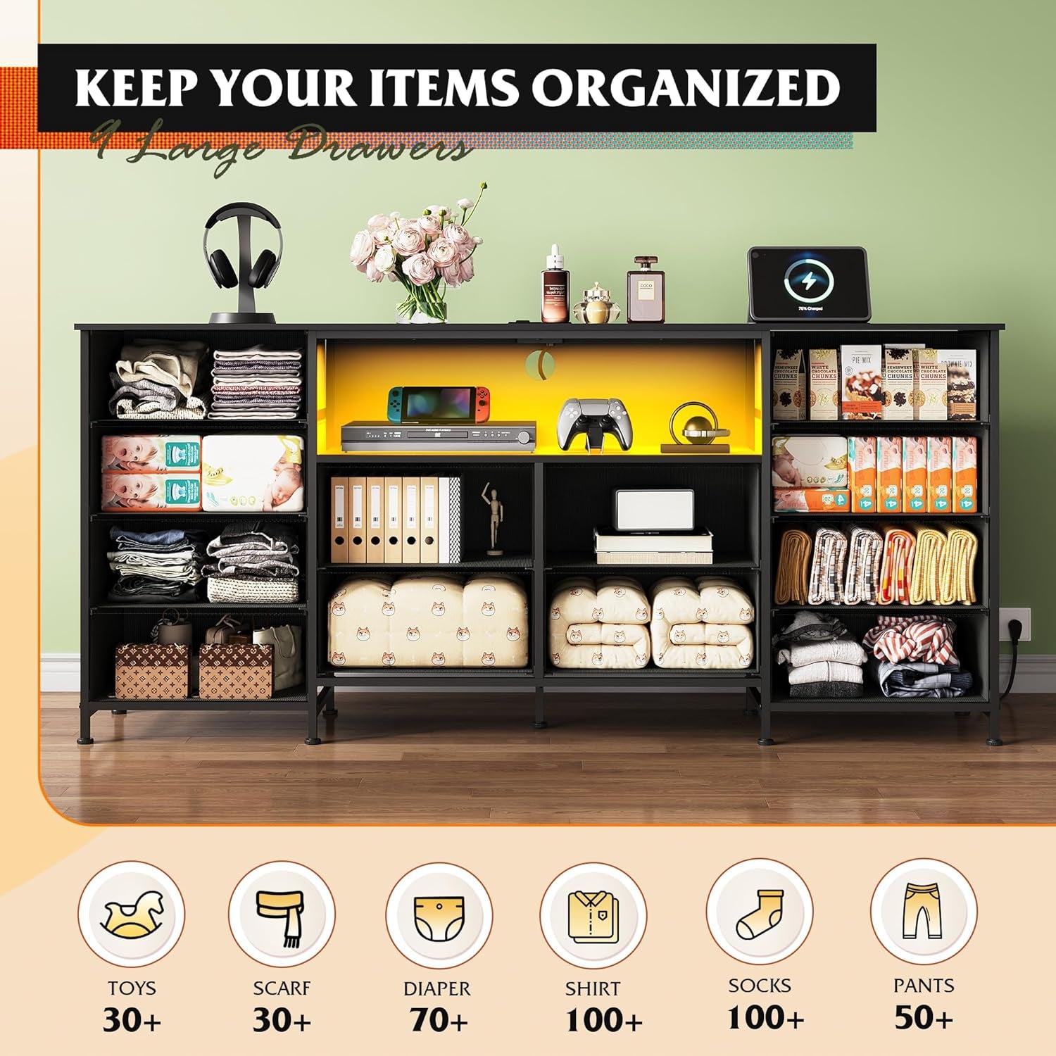 12 Drawer Dresser for Bedroom, Black Dresser TV Stand for 65, 70, 75 Inch TV with Led Light & Charging Station, Wide Chest of Drawers with Open Shelves, Fabric Dressers for Closet, Living Room