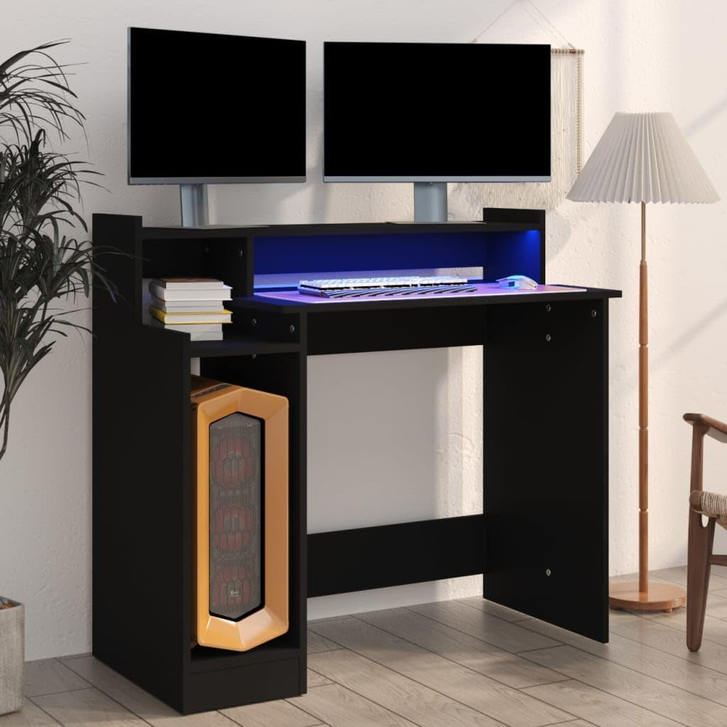 Modern Black Computer Desk, 38.2" L X 17.7" W X 35.4" H, Engineered Wood Gaming Table with Integrated LED Lights, Floating Storage Shelf, Ideal for Home Office Study, USB Plug Included