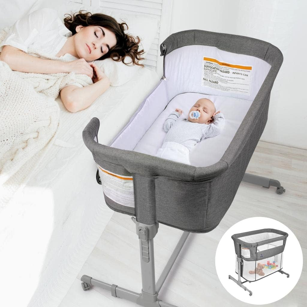 3 in 1 Baby Bassinet, Bedside Sleeper, & Playpen, Easy Folding Portable Crib (Grey)- Koolababy (Bassinet)