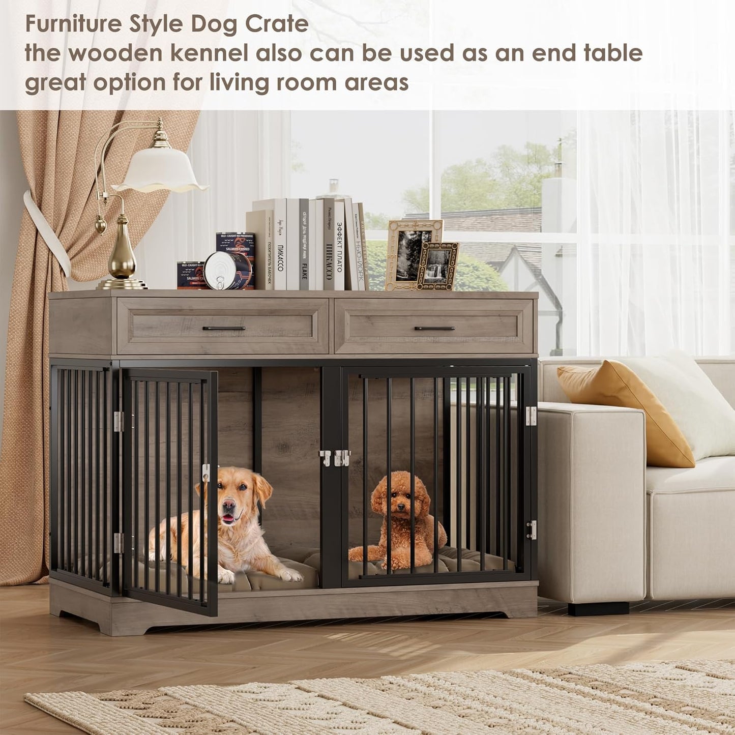 Dog Crate Furniture 47" Wooden Dog Kennels for Dogs Indoor with a Removable Divider for Large/Medium/Small Dogs, 2 Storage Drawers and Large Tabletop Dog Cages Double Doors Dog House, White