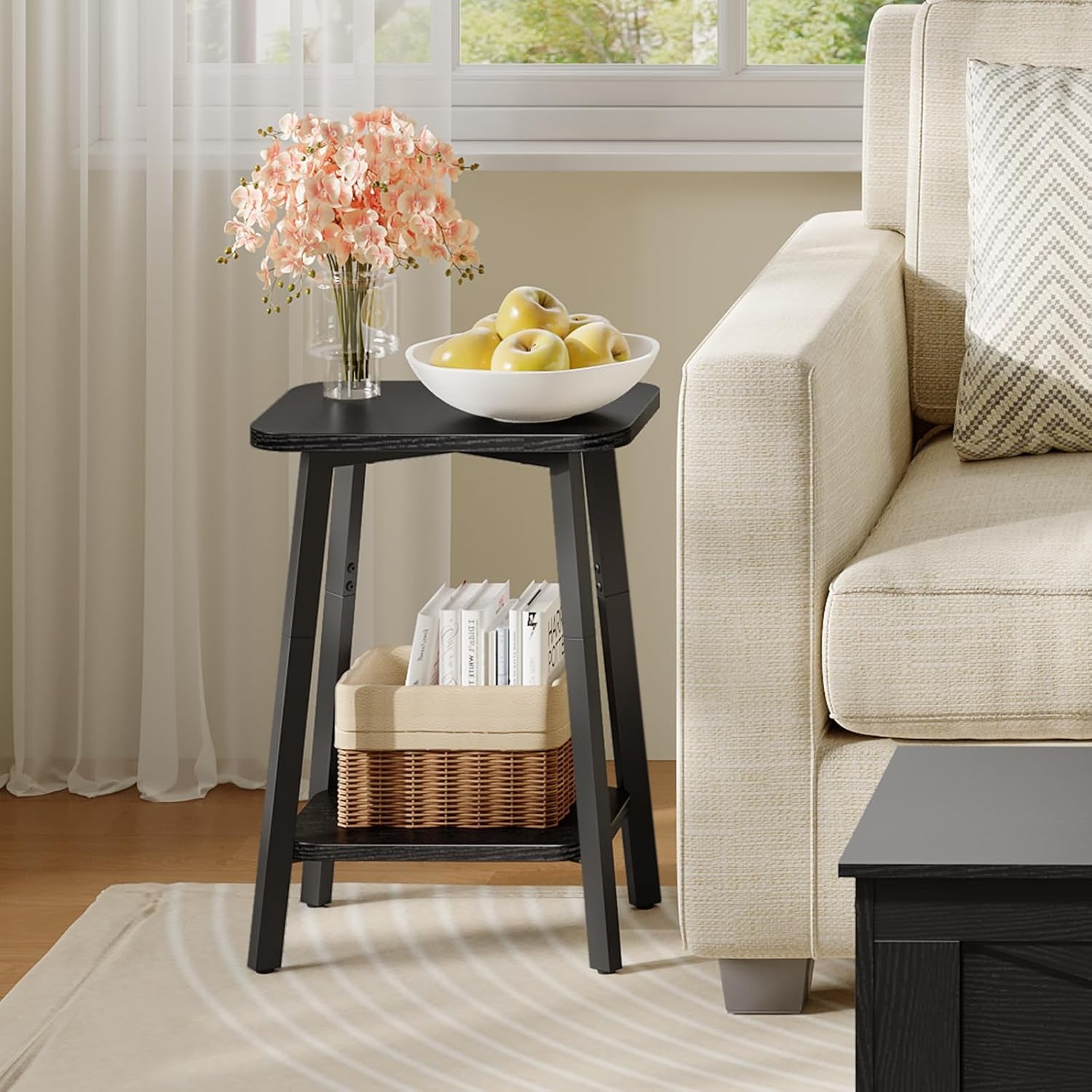 Side Table, Small Rectangular End Table with Storage Shelf, 2-Tier Bedside Table Sofa Couch Table, Nightstand for Small Spaces, Living Room, Bedroom, Black ETBK4701