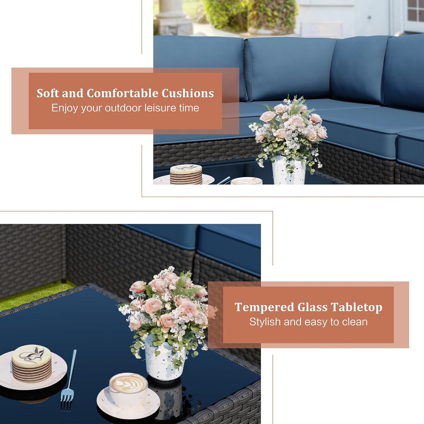 Patio Furniture Sets, 5-Piece Outdoor Patio Furniture with Thick Cushions, Wicker Outdoor Conversation Set Sectional Sofa for Backyard, Poolside, Garden, Aegean Blue